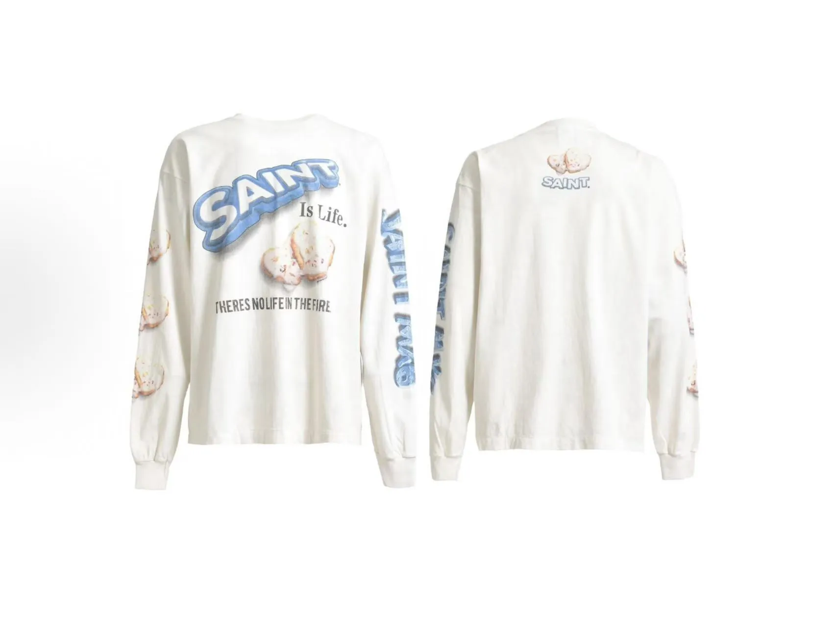 In stock ST445 cement white P150 SAINT Mxxxxxx HEART COOKIES love Oreo printed long-sleeved cartoon washed and distressed T-shirt size S-M-L-XL